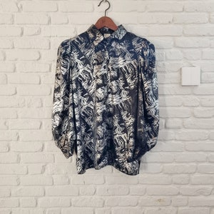 Vintage 80s black and silver blouse | Puff sleeve silver shirt