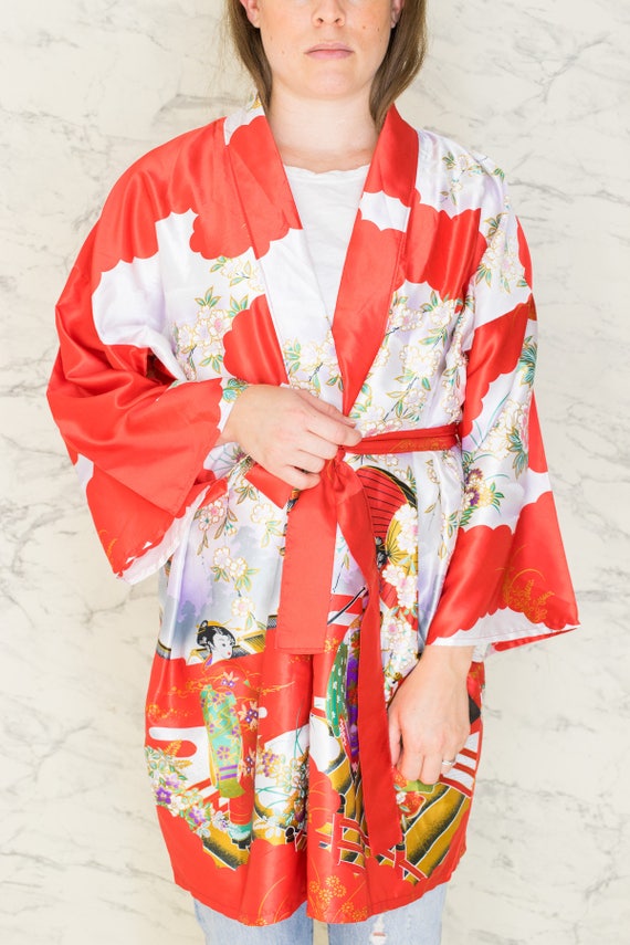 Vintage Floral Red Printed Satin Short Robe | Chi… - image 2