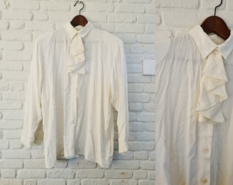 Vintage 90s white ruffle front shirt | White vintage ruffle shirt