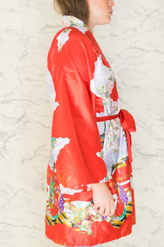 Vintage Floral Red Printed Satin Short Robe | Chi… - image 3