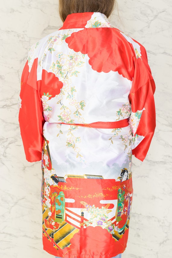 Vintage Floral Red Printed Satin Short Robe | Chi… - image 4