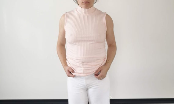 Light Pink Ribbed Mock Neck Top | Pink Sleeveless Mock Neck Top | Ribbed Mock Neck