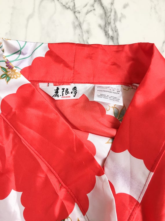 Vintage Floral Red Printed Satin Short Robe | Chi… - image 5