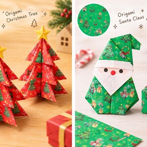 以下が含まれることがあります： 黄色い星を頂点に飾った赤い折り紙のクリスマスツリー2つと、小さな緑のギフトボックスを添えた緑の折り紙のサンタクロース。紙にはツリー、リース、プレゼントなどの祝祭的な模様が描かれており、Origami Christmas TreeとOrigami Santa Clausという文字が添えられています。