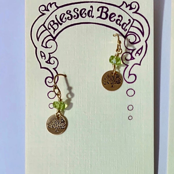 tree earrings with peridot and 14k goldfill