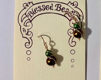 freshwater pearl earrings in brown and green and 14k gold-fill