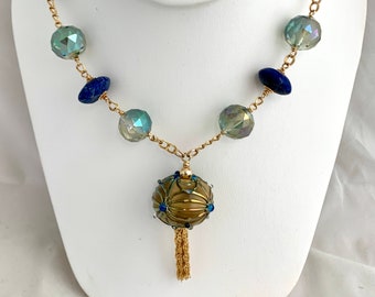 Jari Sheese bead necklace with lapis and glass and 14k gold fill