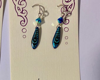 czech glass iridescent peacock feather earrings