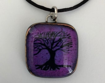 dichroic glass tree pendant, pink purple dichroic glass