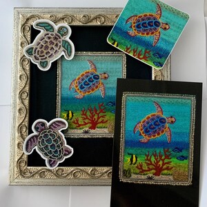 Sea Turtle picture by Nome May micro seed bead embroidered picture sticker and magnet and postcard