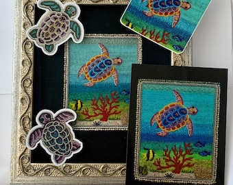 Sea Turtle picture by Nome May micro seed bead embroidered picture sticker and magnet and postcard