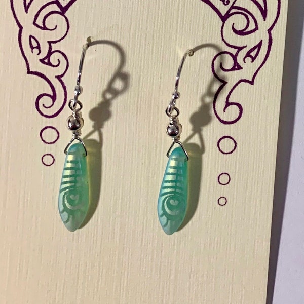 czech glass aqua peacock dagger earrings