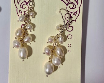 white freshwater pearl earrings with sterling silver, dangly confetti style