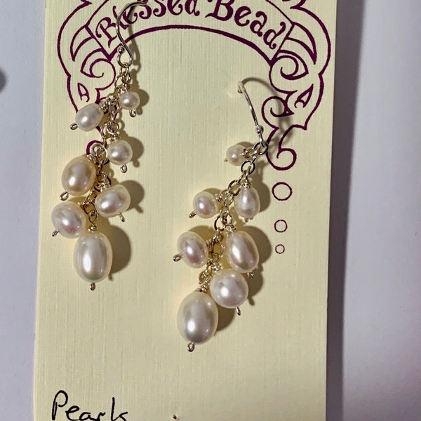 white freshwater pearl earrings with sterling silver, dangly confetti style