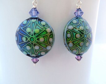 mood bead earrings, blue geometric