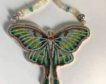 beaded Luna moth necklace with opal necklace, micro bead embroidery by Nome May of Blessed Bead