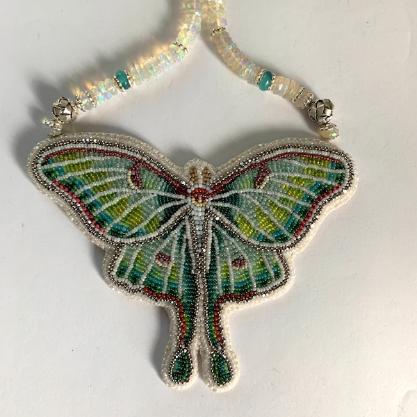 beaded Luna moth necklace with opal necklace, micro bead embroidery by Nome May of Blessed Bead