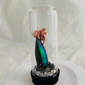 May include: A small, copper-colored figurine of a bee perched on a iridescent green beetle wing, encased in a clear glass jar with a black velvet base.