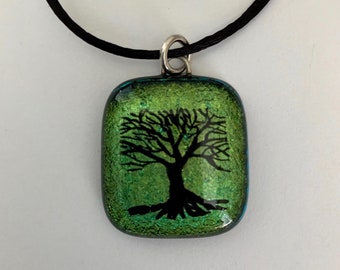 dichroic glass tree pendant, bright leaf green dichroic glass