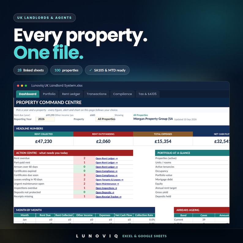 UK Landlord Spreadsheet, Rental Property Management Tracker, Excel & Google Sheets bild 1
