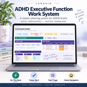 May include: A laptop displaying the LUNOVIQ ADHD Executive Function Work System, an Excel spreadsheet with sections for Command Center, Task Triage, and Settings. The screen shows task lists, status, priority, and energy levels for planning.