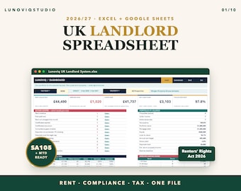 May include: A digital dashboard for the 2026/27 UK Landlord Spreadsheet in Excel and Google Sheets. The interface displays financial data, rent collection, and property management metrics, including text labels like SA105 + MTD READY and Renters' Rights Act 2026.