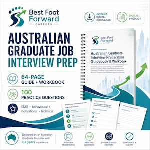 Puede incluir: Un manual y cuaderno de ejercicios de 64 páginas con encuadernación en espiral para la preparación de entrevistas de trabajo para graduados australianos. La portada muestra el logo de Best Foot Forward Careers, una ciudad y una flecha verde.