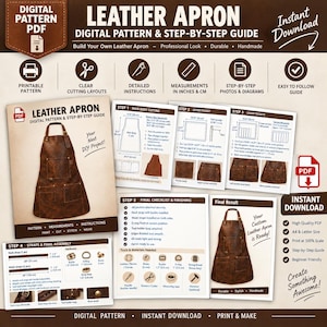 May include: A digital PDF pattern and step-by-step guide for a leather apron. The document includes printable layouts, detailed instructions, measurements in inches and cm, and photos for assembly. It features a brown leather apron design.