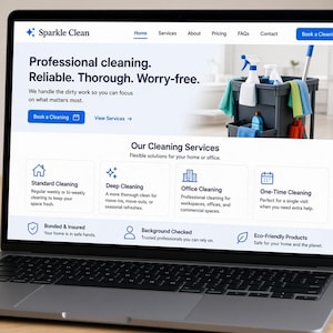 May include: A laptop screen displaying the Sparkle Clean website homepage. The layout features a professional cleaning services header, a dark gray cleaning supply cart with colorful cloths and bottles, and four service category boxes.