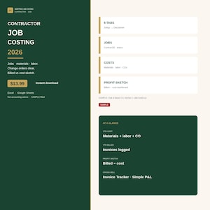 May include: A digital contractor job costing spreadsheet template for 2026, featuring a dark green sidebar with white text, including sections for jobs, materials, labor, and profit sketches, compatible with Excel and Google Sheets software.
