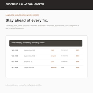 May include: A digital document titled Landlord Maintenance Work Orders featuring a table with columns for Work Order, Property, Priority, and Status. The table lists specific entries like WO-2601, Juniper Court 2B, High, and Completed with costs.