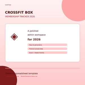 Könnte beinhalten: Eine digitale Crossfit Box Membership Tracker 2026 Tabellenvorlage mit rosafarbenem Hintergrund. Der Text enthält Shoptrue, A polished admin workspace for 2026, Easy to personalize, Fictional sample data, Excel + Sheets friendly.