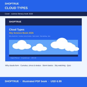Puede incluir: Una portada de libro de alfabetización científica digital titulada SHOPTRUE Cloud Types Sky Science Book 2026. El gráfico azul presenta tres nubes blancas estilizadas, con texto que enumera temas como la formación de nubes, cúmulos, cirros, estratos, conceptos básicos de tormentas, observación del cielo y un cuestionario.