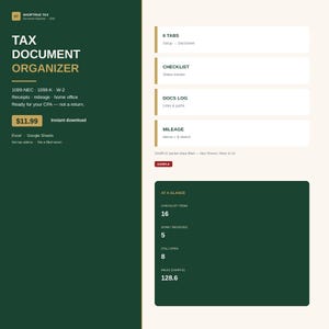 May include: A digital tax document organizer template featuring a dark green sidebar with white text reading TAX DOCUMENT ORGANIZER, 1099-NEC, 1099-K, W-2, Receipts, mileage, and home office. The light section includes tabs for 6 TABS, CHECKLIST, DOCS LOG, and MILEAGE.