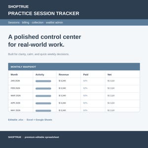 May include: A digital practice session tracker spreadsheet interface titled SHOPTRUE. It features a monthly snapshot table with columns for month, activity, revenue, paid percentage, and net income, displaying data from January to May 2026.