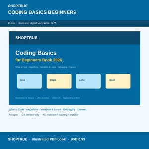 May include: A digital study book cover titled Coding Basics for Beginners Book 2026 by SHOPTRUE. The blue graphic features yellow text and four light-colored rectangular boxes labeled idea, steps, code, and result, with topics listed below.