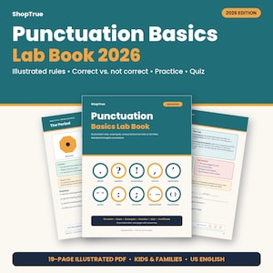 Interpunktion Barn Grammatikbok 2026 | Punkter Komma Frågetecken Lektion | Illustrerad Utskrivbar PDF för Hemundervisning, Digital Nedladdning
