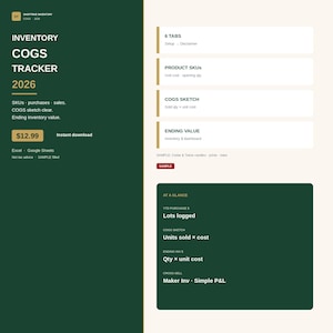May include: A digital inventory COGS tracker for 2026, featuring a dark green sidebar with white text listing SKUs, purchases, sales, and ending inventory value. The interface includes sections for 6 tabs, product SKUs, COGS sketch, and ending value.