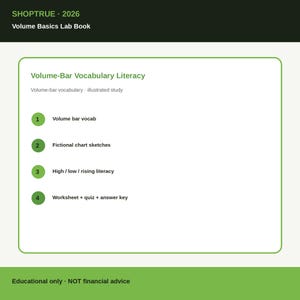 Puede incluir: Un libro de laboratorio blanco titulado Volume Basics Lab Book de SHOPTRUE 2026. La portada presenta texto verde y una lista de contenido: Volume-Bar Vocabulary Literacy, Volume bar vocab, Fictional chart sketches, High/low/rising literacy y Worksheet + quiz + answer key.