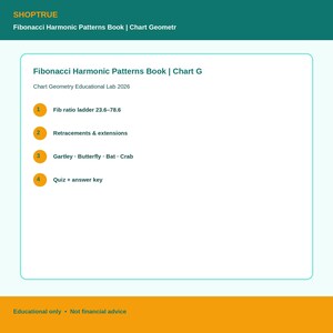 Könnte beinhalten: Ein weißes Lehrbuch-Cover mit dem Titel Fibonacci Harmonic Patterns Book | Chart G und Chart Geometry Educational Lab 2026. Es listet vier Abschnitte auf: Fib ratio ladder 23.6–78.6, Retracements & extensions, Gartley, Butterfly, Bat, Crab sowie Quiz + answer key.