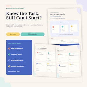 Puede incluir: Un conjunto de 24 tarjetas de inicio de tareas imprimibles en 8 páginas. El documento presenta texto azul oscuro sobre un fondo claro, incluyendo el título Know the Task. Still Can't Start?, instrucciones para reducir el inicio y plantillas.