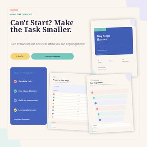 ADHD Task Initiation Planner for Adults, Tiny Steps Task Breakdown, Executive Dysfunction Printable