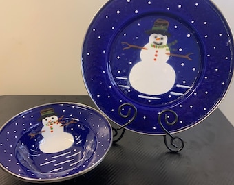 Golden Rabbit IISnowman Enamelware Set Plate Bowl Blue Denise Harvey Vintage1997