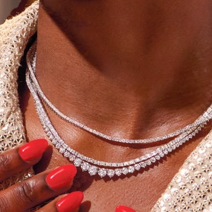 9 1/2 Ct Graduated Diamond Tennis Necklace 14K Solid Gold Lab Diamond Tennis Necklace Riviera Setting, Three Prong Setting, Gift for Her