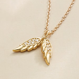 Diamond Angel Wings Pendant Necklace 14K Solid Gold Guardian Angel | Dainty Layering Minimalist Necklace for Women