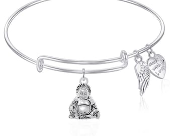 Expandable Wire Bangle Bracelet with April Charm and Angel Wing Charm Silver Finish GIFT BOXED