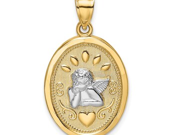 14K Solid Gold Cherub Angel Heart Medallion Pendant | Religious Gold Pendant | Fine Jewelry Gift for Women & Men