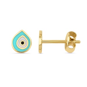 14K Real Solid Gold Evil Eye Stud Earrings For Women, Teardrop Earrings, Good Luck Nazar Protection Dainty Everyday Earrings Gift for Her