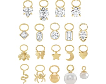 Solid Gold Hoop Charms 14k Yellow White Rose Gold | Huggie Hoop Charms | Charm for Bracelet | Necklace | Moon Charm, Pearl Charm