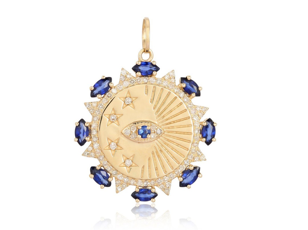 14K Solid Gold Diamond Evil Eye Medallion Pendant Necklace Etsy